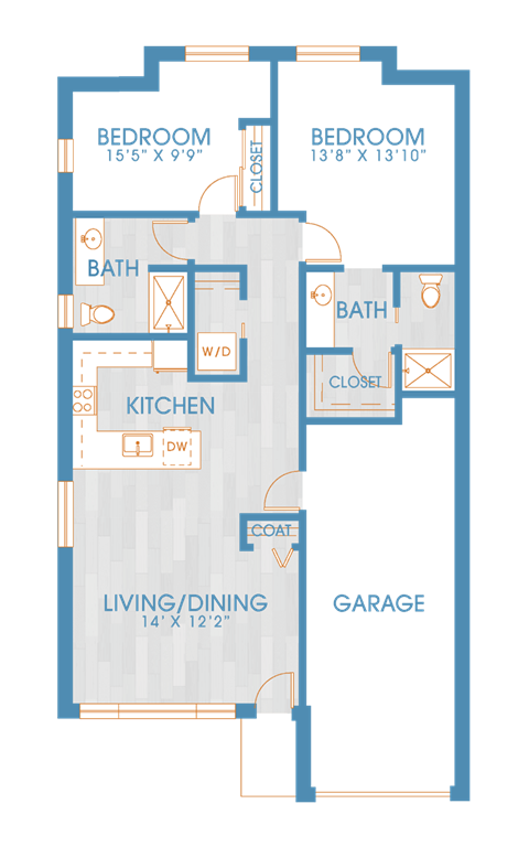 Floor plan for 2 beds, 2 baths, 1268 sqft